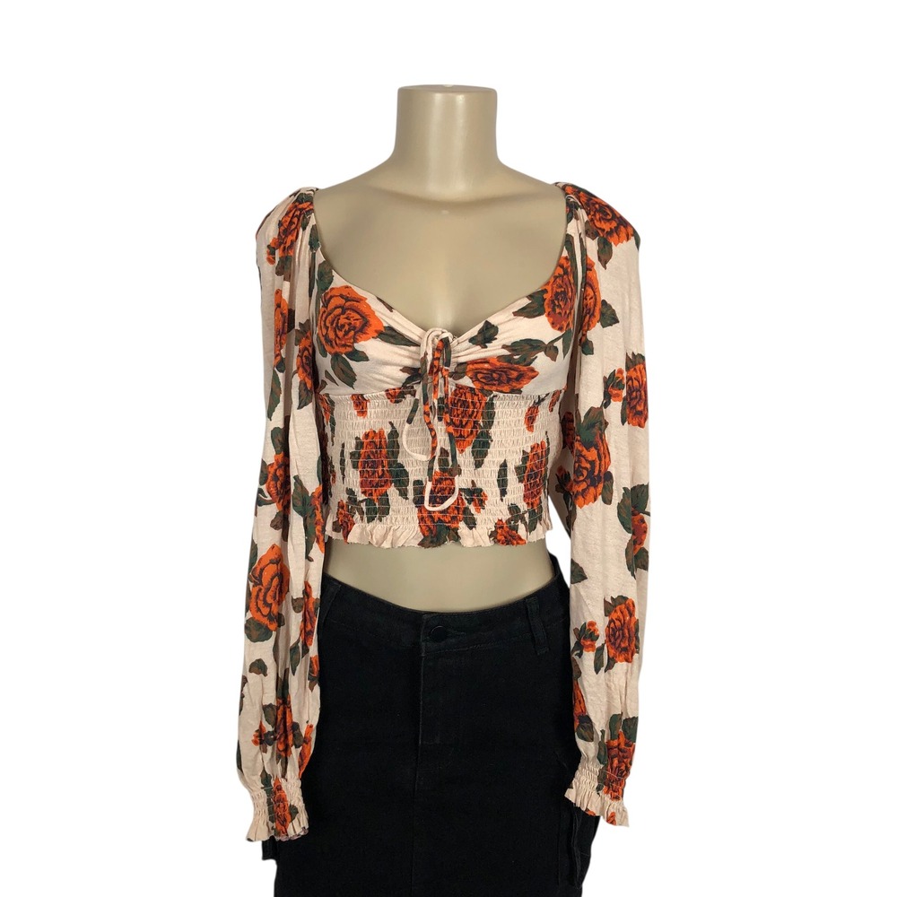 Urban Outfitters Floral Rose Print Smocked Babydoll Crop Top Balloon Sleeve M
